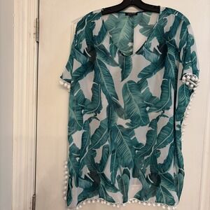 CPOKRTWSO Women's Tropical‎ Leaf Chiffon Swimsuit Cover Up Pom Pom Trim L/XL